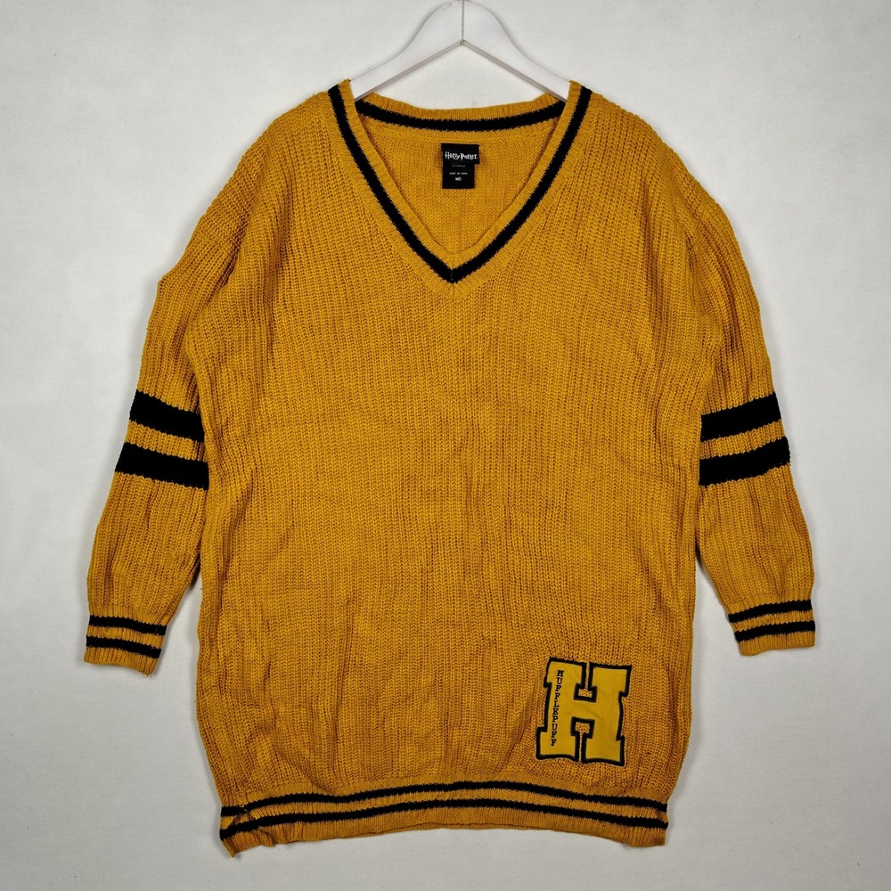Harry Potter Hufflepuff V-Neck Sweater Yellow Black Varsity Knit Oversized MD